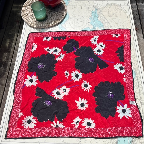 Vintage Bill Blass Black Red and White Silk Floral Scarf - Picture 4 of 6